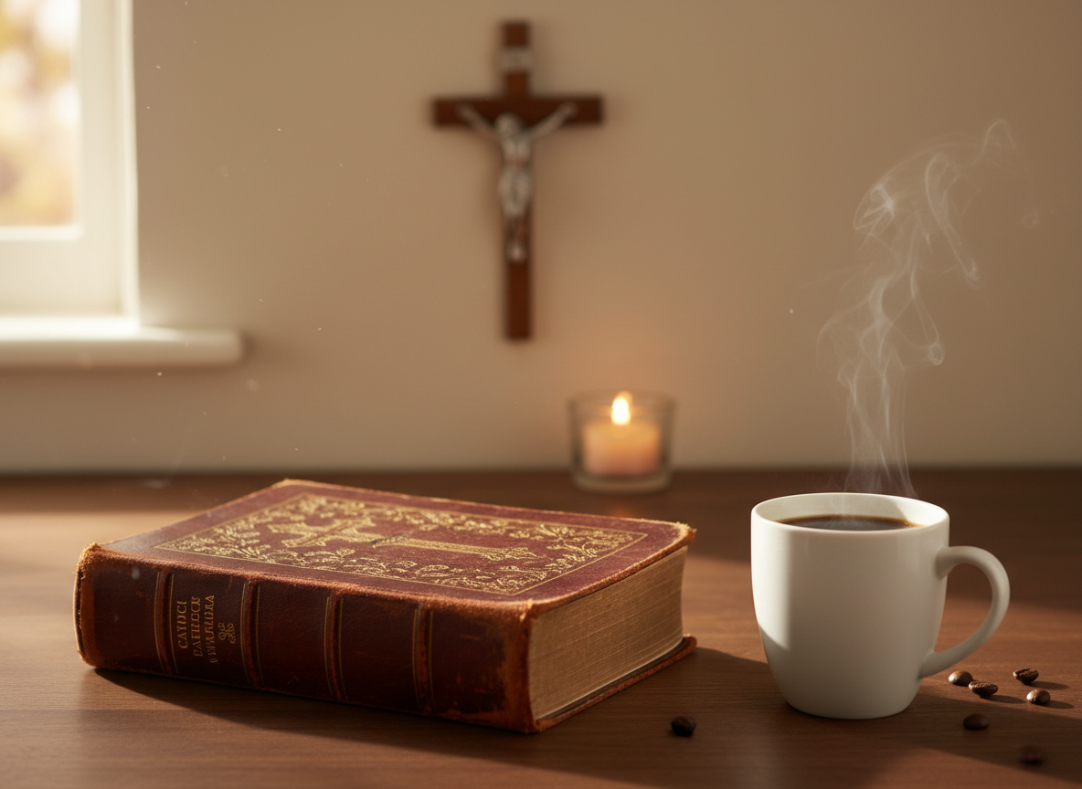 A beautifully aged leather-bound Catholic Bible, its gold-embossed cross and worn spine catching subtle highlights, rests open on a dark walnut table. A simple white porcelain mug filled with steaming black coffee sits nearby, a thin swirl of steam rising in the still air. In the softly blurred background, a wooden crucifix hangs against a cream-colored wall and a small votive candle in a glass holder glows faintly. Warm morning light from an unseen window washes across the scene, creating gentle shadows and a calm, contemplative atmosphere. Photographic realism, eye-level composition with shallow depth of field, emphasizing quiet reflection and the pairing of faith and daily life."